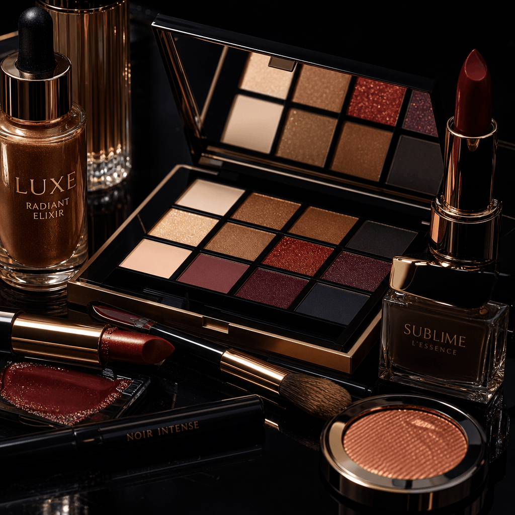 Cosmetic palette and beauty products arranged on dark background with dramatic studio lighting. Glossy finishes catching
