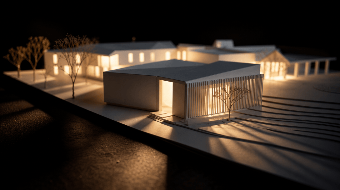 Wide cinematic 16:9 shot of an illuminated white architectural scale model resting on a dark matte surface. Multiple bui