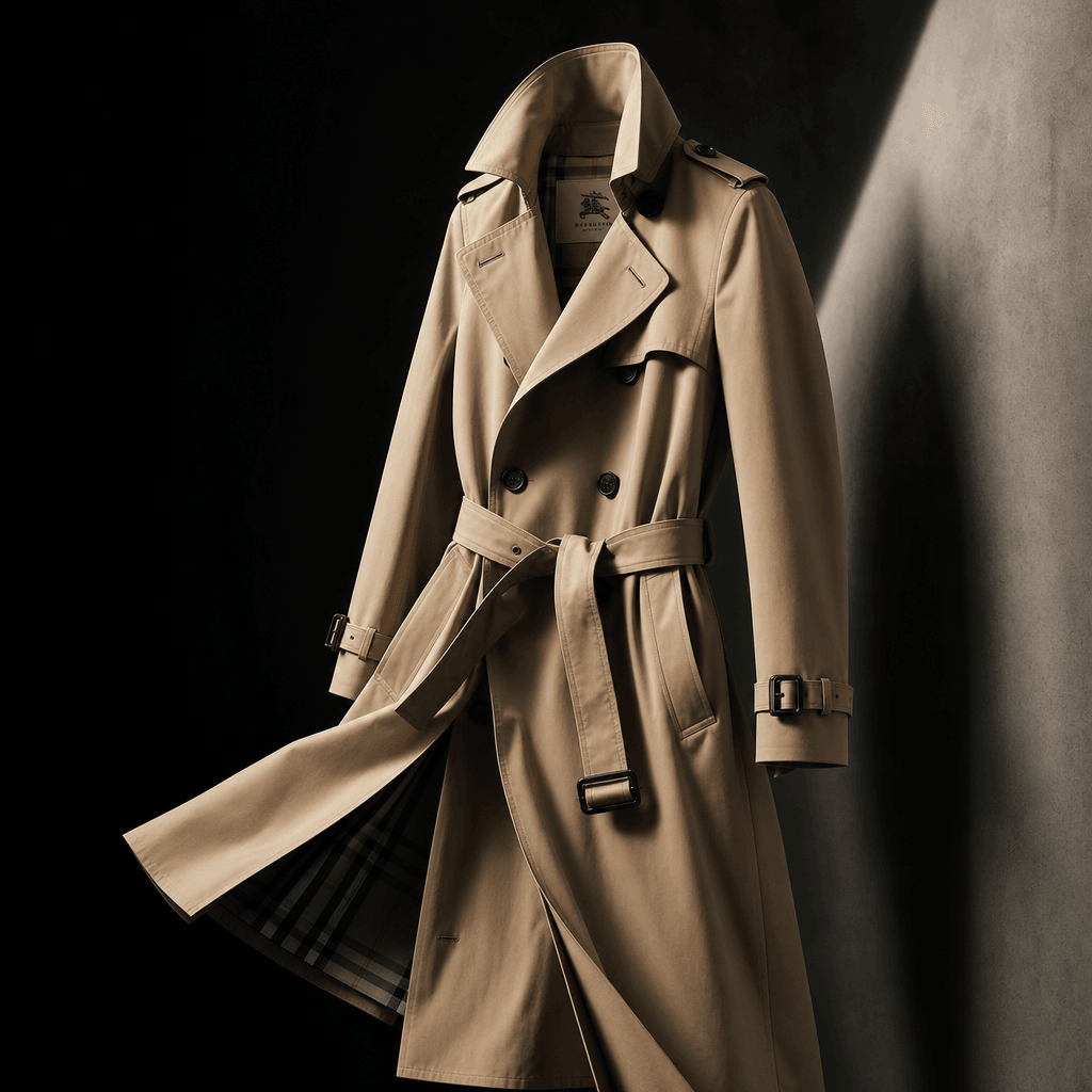 A dramatic editorial shot of a trench coat displayed against a stark, contrasting background, emphasizing its design and