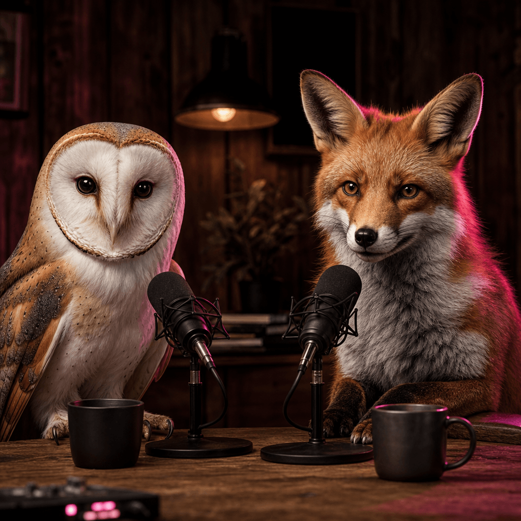 A serious barn owl and an alert red fox hosting a late-night podcast in a dark wood studio, both framed in conversationa