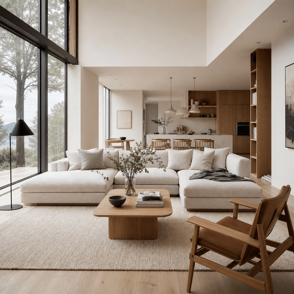 A modern open-plan living room, tall floor-to-ceiling windows with soft diffused daylight, Scandinavian-minimal furnitur