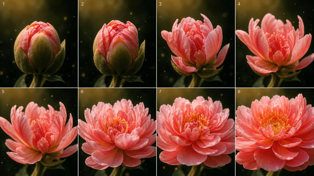 Blooming effect shown in slow motion detail, petal shapes unfurling elegantly, color saturation increasing smoothly, cin