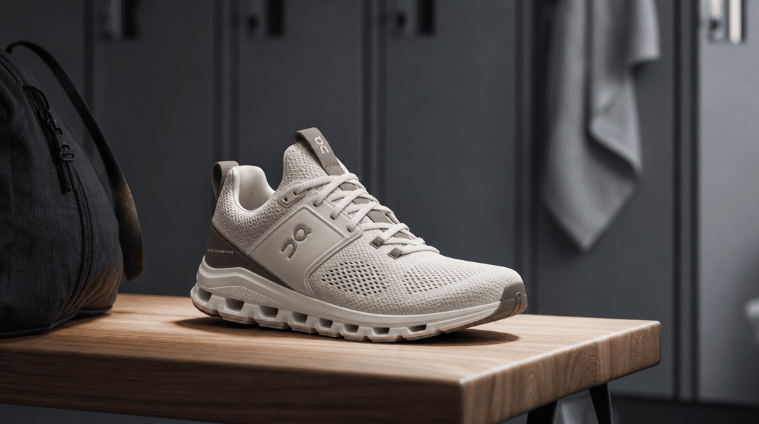 Minimalist composition showing athletic shoe seamlessly integrated into soft-focus locker environment with professional 