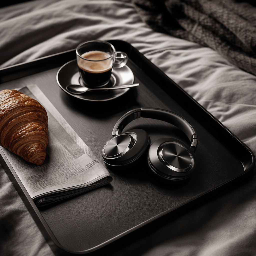 Compact wireless headphones arranged on a minimalist black breakfast tray with an espresso, folded newspaper texture, an