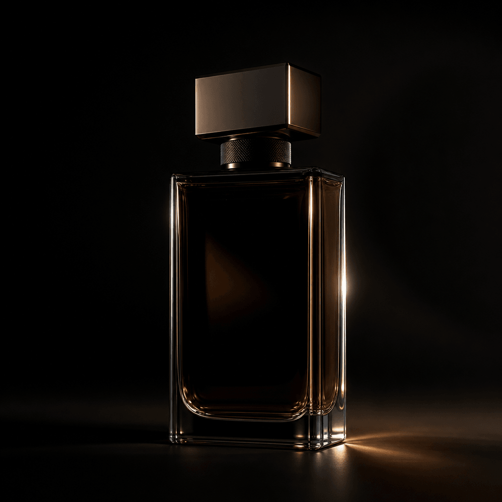 AI-generated luxury product hero shot: a sleek minimalist perfume bottle on a dark studio surface, dramatic single-sourc