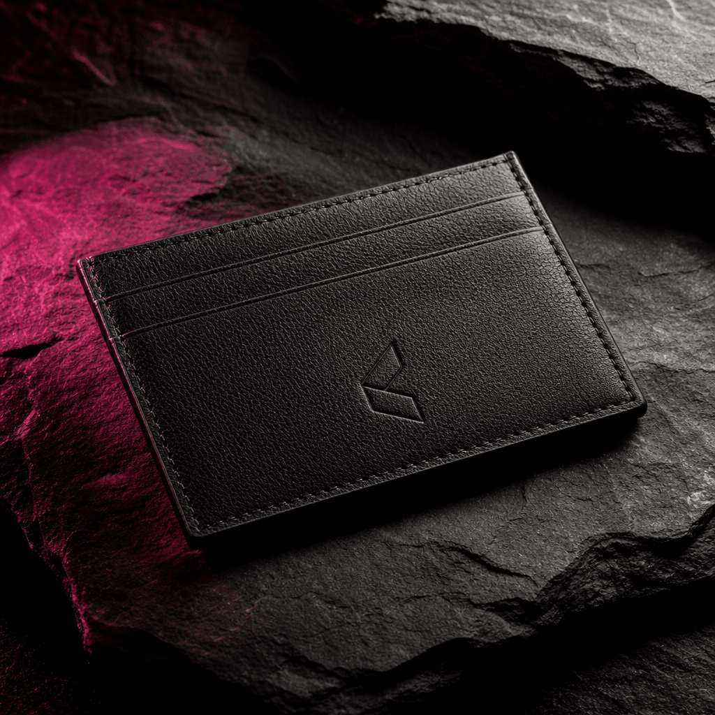 A premium leather card holder carrying a subtle abstract brand emblem, centered on charcoal stone with directional studi