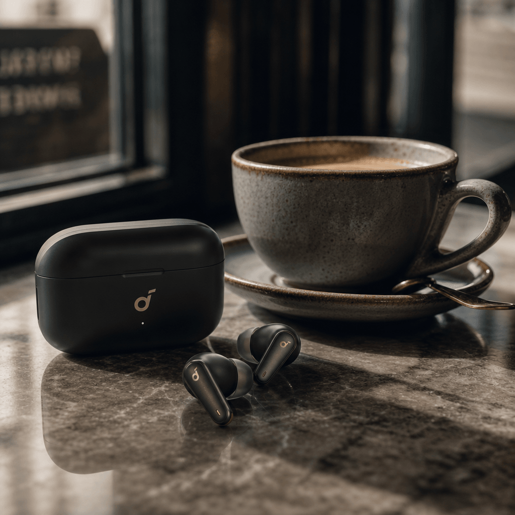Premium wireless earbuds resting on a marble café counter beside a ceramic espresso cup, soft natural morning window lig