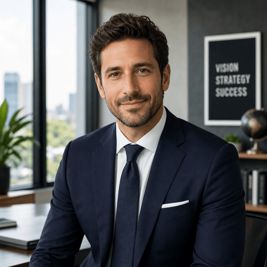 A striking business portrait of a man in a formal suit, exuding confidence and approachability. The background features 