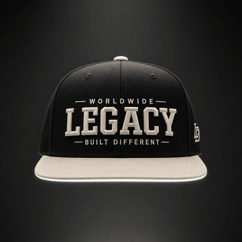 Streetwear flat-brim snapback in a black and bone colorblock, floating against a deep charcoal gradient background, symm