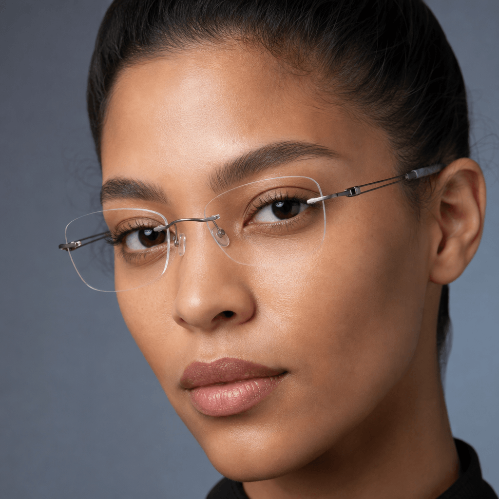 Close-up portrait of a person wearing slim rimless titanium optical frames, cool blue-grey neutral background, soft diff
