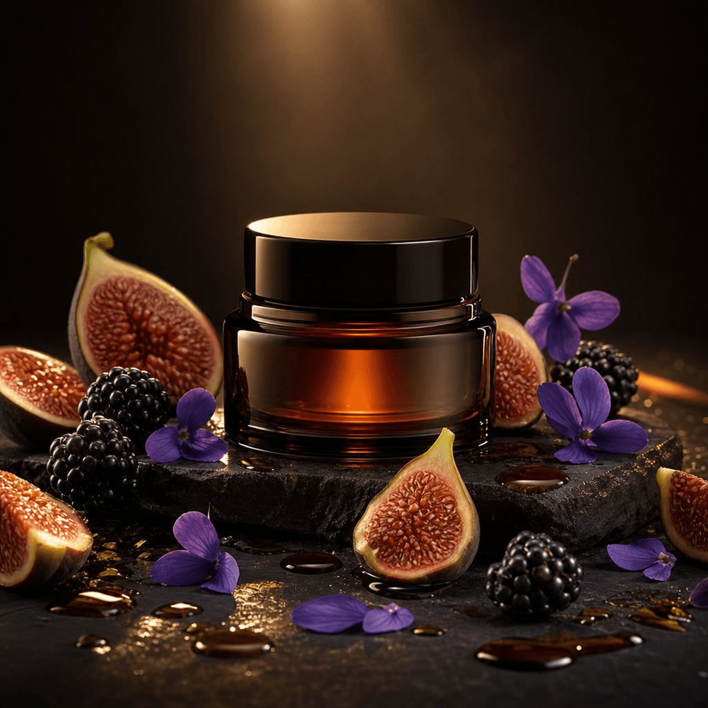 Premium amber skincare jar among sliced figs, blackberries, violet petals, and glossy syrup droplets, symmetrical produc