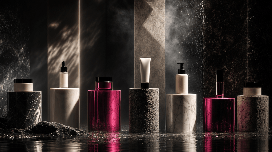 A row of beauty product pedestals passing through varied bathroom materials, lighting patterns, mist, water, and reflect
