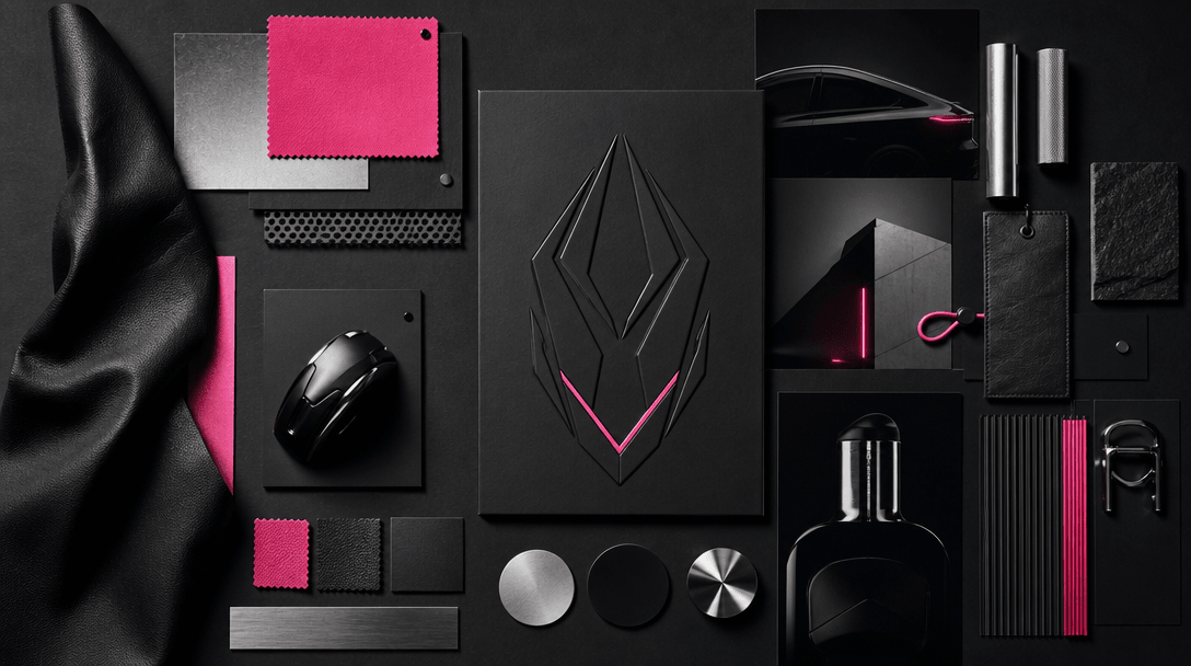 A creative director's physical moodboard made from black paper, metallic samples, leather swatches, product silhouettes,