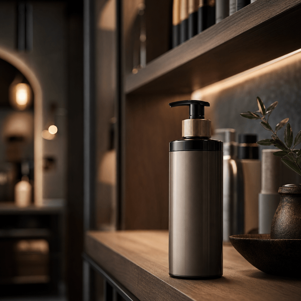 A premium haircare bottle positioned at the front of a sophisticated salon retail shelf, surrounded by warm wood, dark g