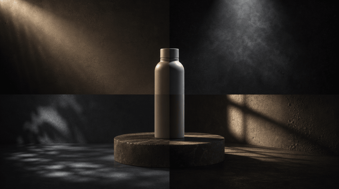 Four distinct cinematic light treatments converging around one neutral product object, each casting different shadow tex
