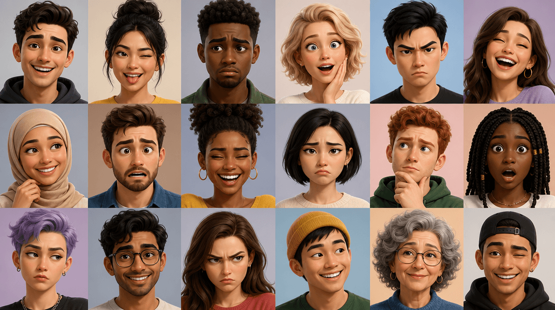 Multiple avatars expressing different emotions, eyebrow movement, natural facial expression range, diversity showcase.