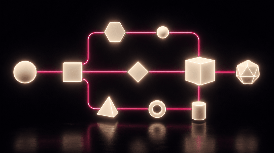 Abstract dark editorial scene of interconnected luminous geometric nodes arranged as a pipeline diagram — glowing off-wh