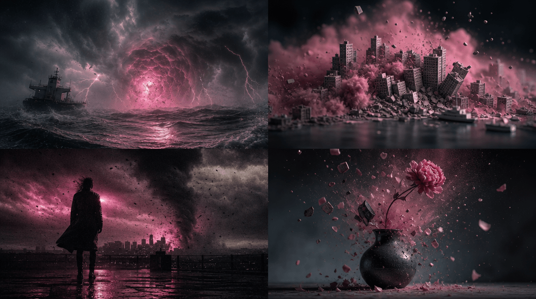 A surreal breaking event represented through four cinematic interpretations: photoreal storm, stylized miniature city, m