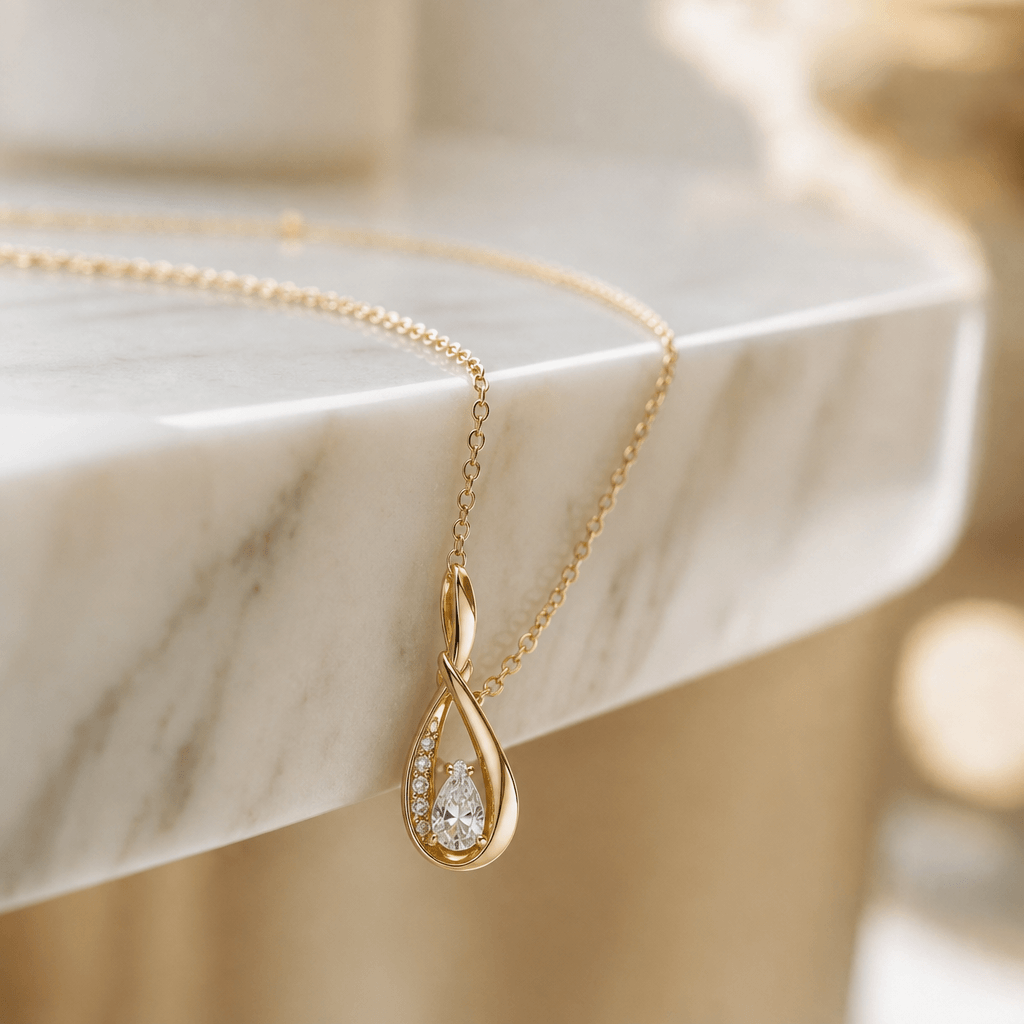A delicate gold pendant necklace draped naturally over the beveled edge of a marble-topped bench, macro close-up, creamy