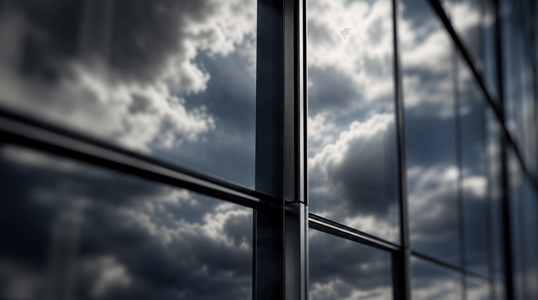 Extreme close-up macro of a glass curtain-wall facade, deep cloud reflections layered with structural aluminum mullions,
