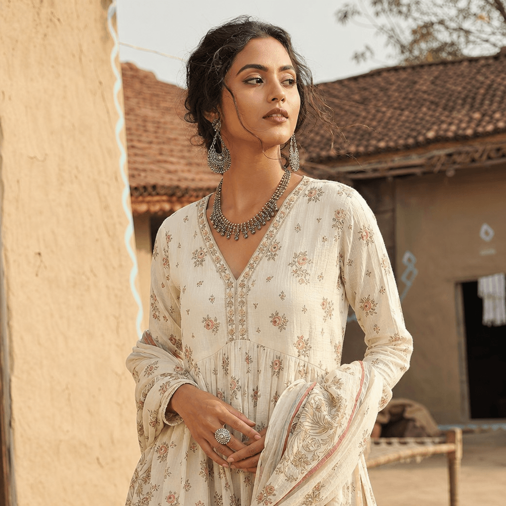 Fashion editorial portrait in village setting, warm afternoon light, styled makeup and wardrobe, professional photograph