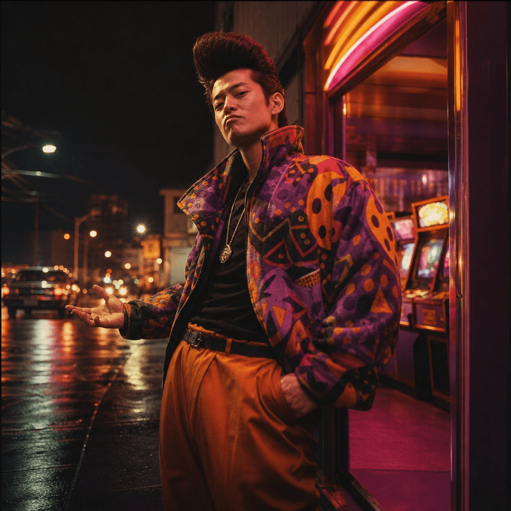 An original retro comedy-action character posing beside a neon-lit arcade entrance at night, oversized patterned jacket,