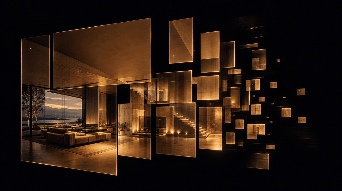 Abstract scene of a single architectural interior photograph dissolving into multiple luminous floating panels of varyin