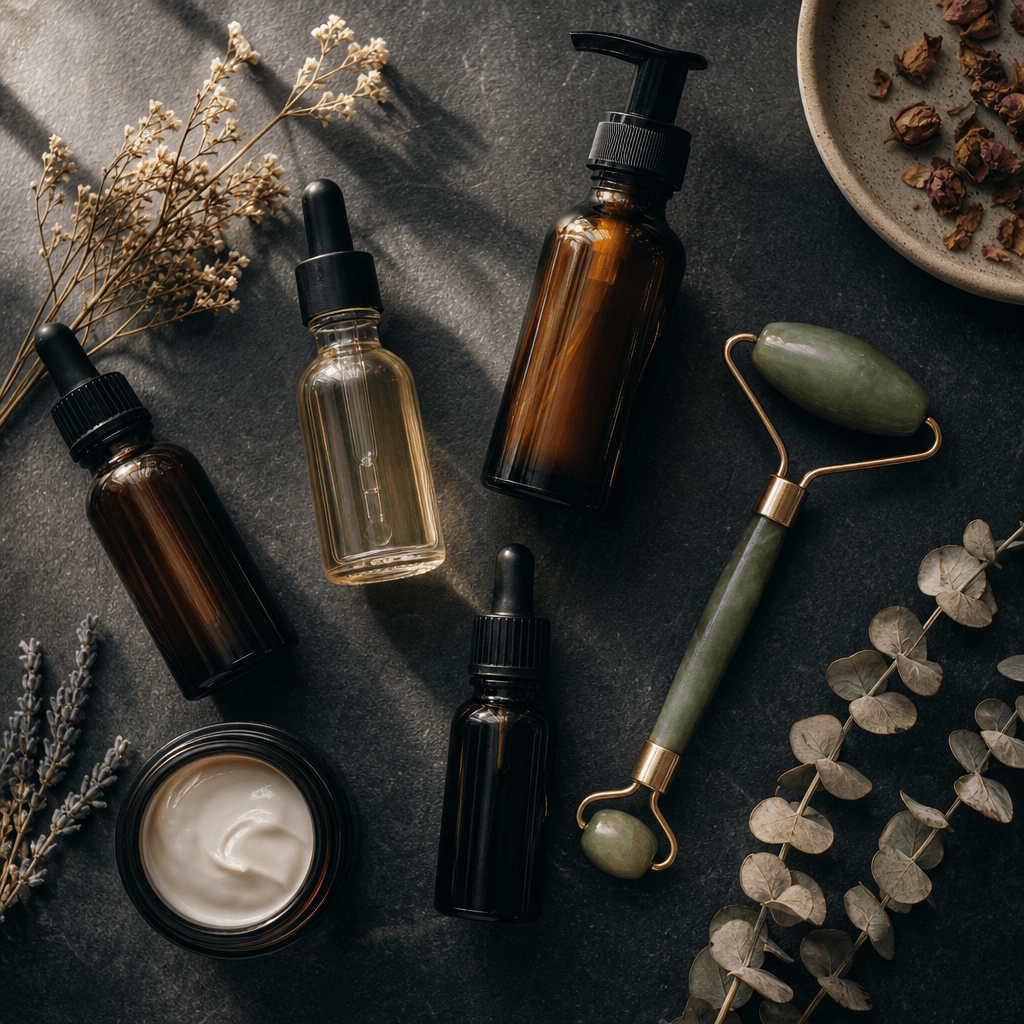 A flat-lay arrangement of artisan skincare bottles and a jade roller on a dark slate surface, moody directional natural 