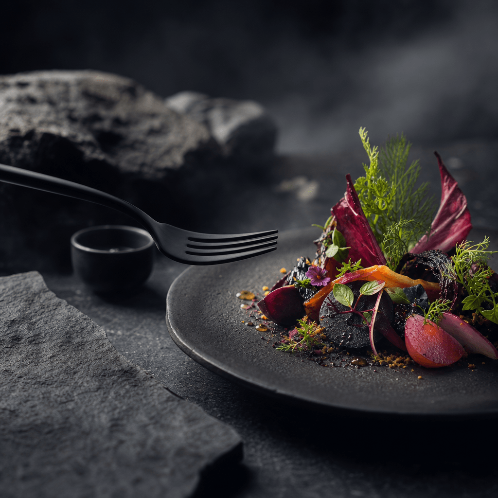 A sleek matte-black fork crossing a minimalist stone surface toward an artfully plated plant-based dish with jewel-toned