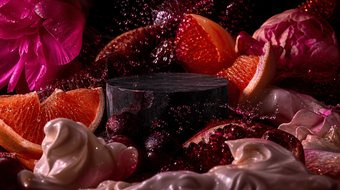 Abstract sensory landscape of glossy fruit surfaces, translucent citrus pulp, flower petals, cream folds, and sparkling 