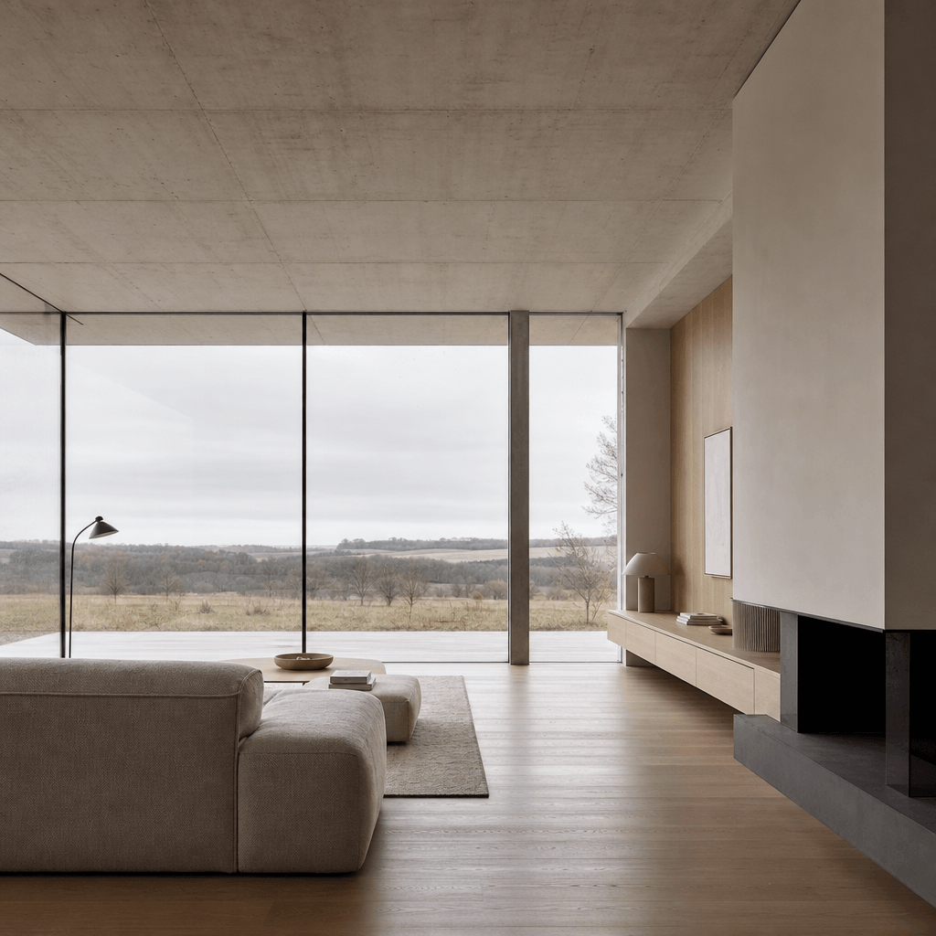 Photorealistic minimalist interior living room: pale oak floor, exposed concrete ceiling, floor-to-ceiling glass wall, w