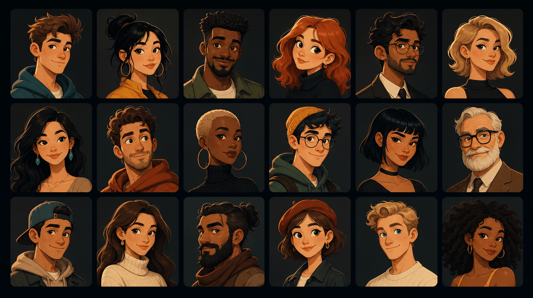 Gallery of cartoon portraits in consistent style. Multiple different character cartoons in grid format, all with unified