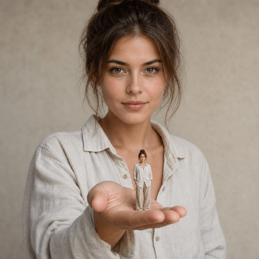 Studio portrait: a young woman in a cream linen shirt holds her palm open to the camera. Resting on her palm is a photor