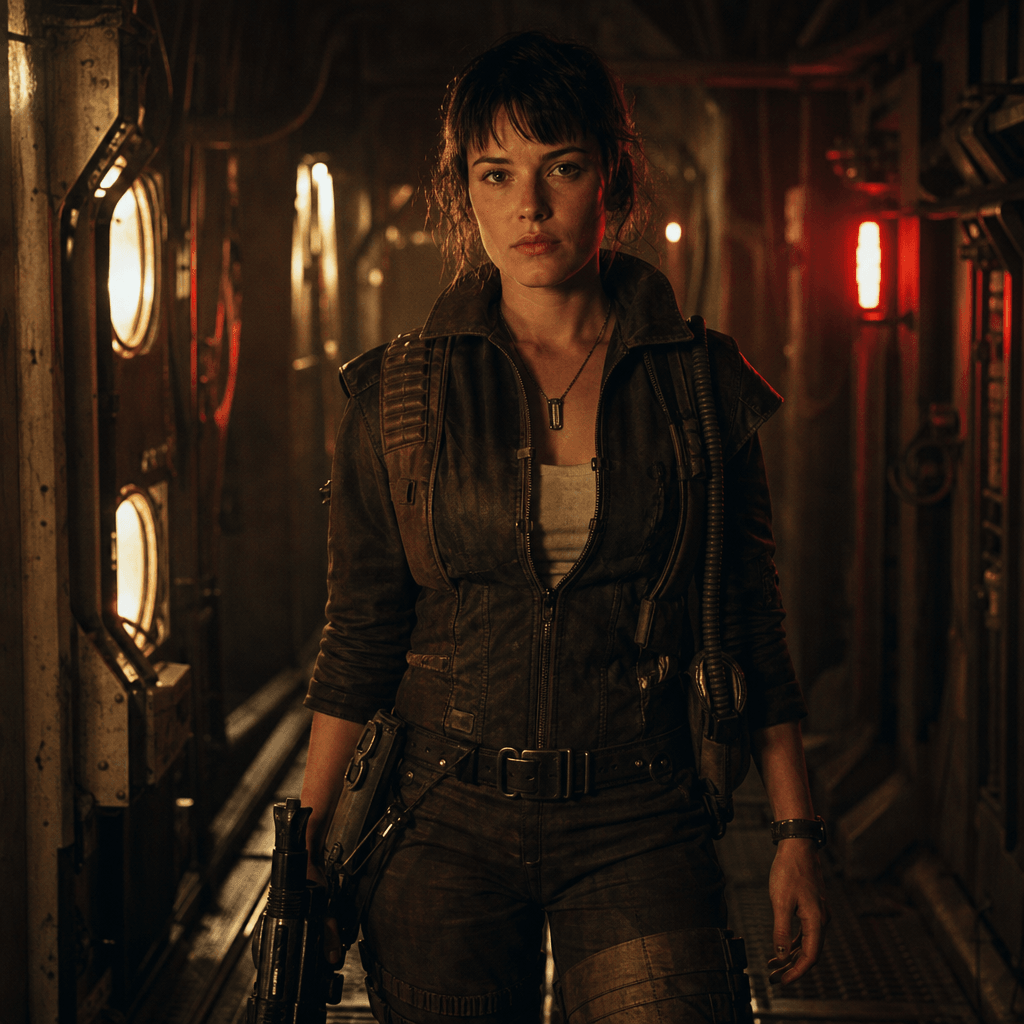 An original 1990s-inspired sci-fi adventurer portrait inside a dim industrial corridor, practical costume details, warm 