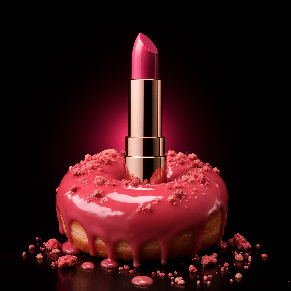 A polished lipstick tube emerging through the center of a glossy strawberry-glazed donut, subtle crumbs and icing drips 