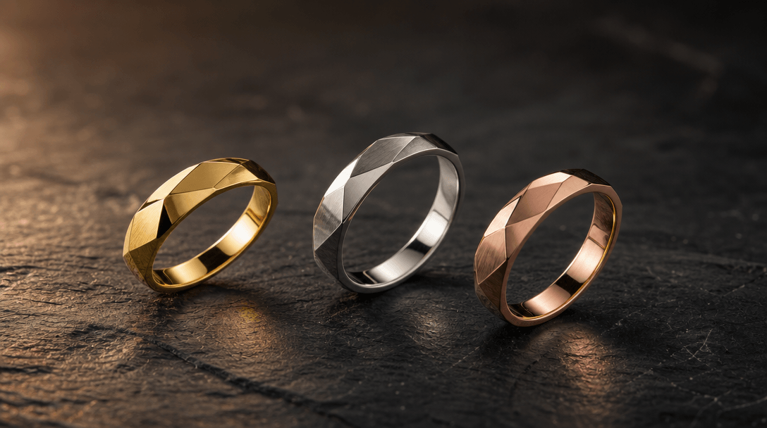 Three elegant ring forms — gold, silver, and rose gold — arranged in a subtle arc on dark stone surface, each caught at 