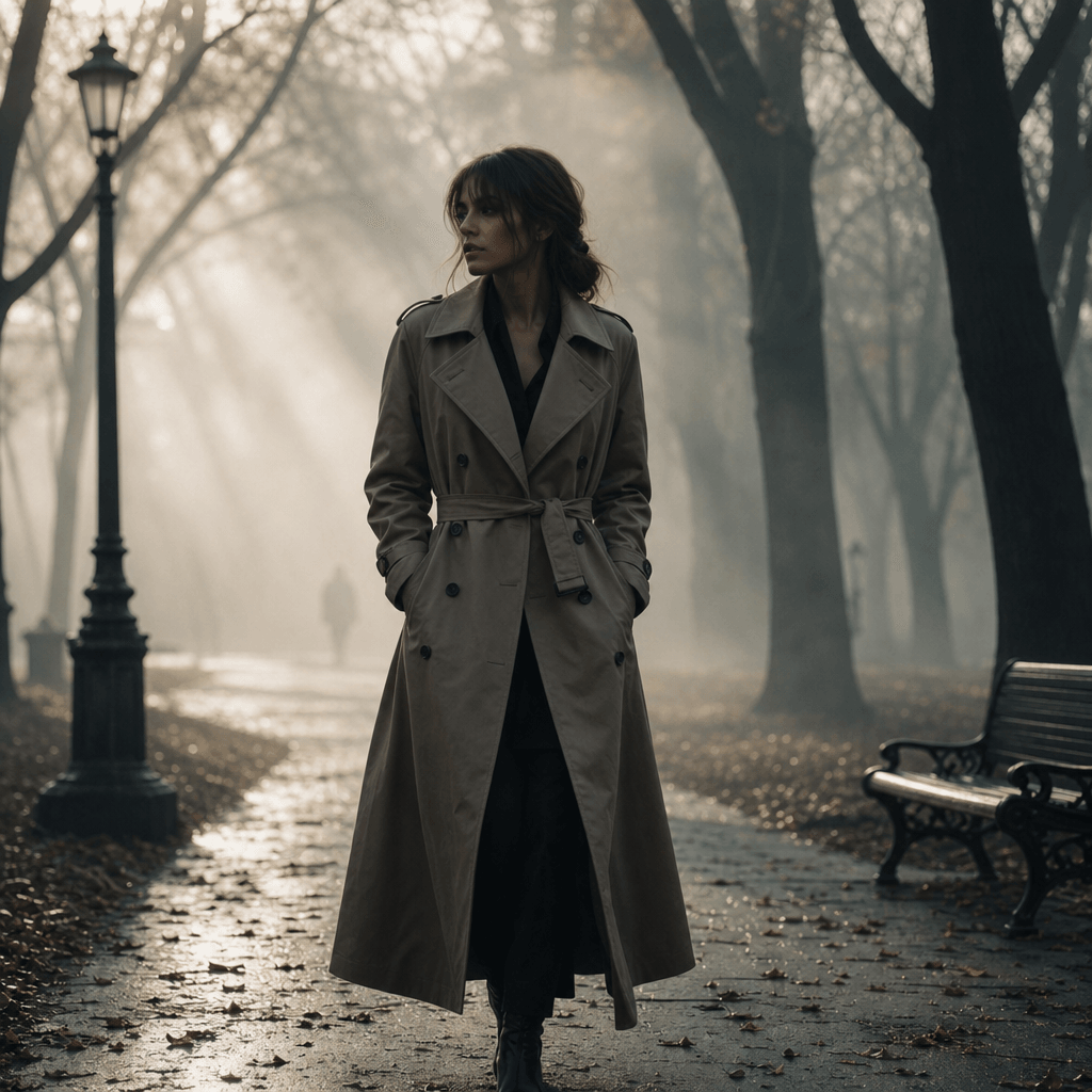 A model wearing a trench coat, walking through a foggy park, with soft light filtering through the trees, creating a mys