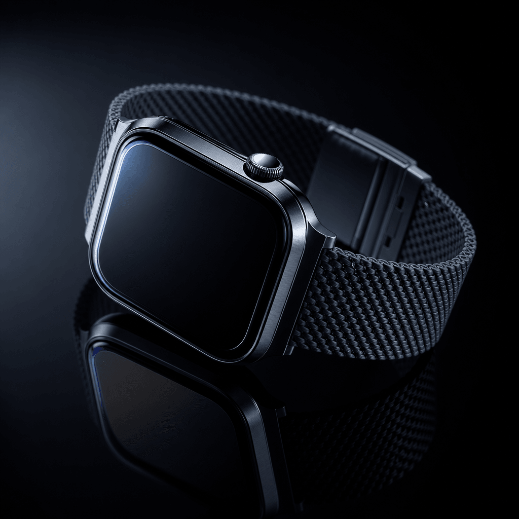 A smartwatch on a brushed-metal band at a 45-degree orbit angle over a near-black reflective surface. Cool studio lighti