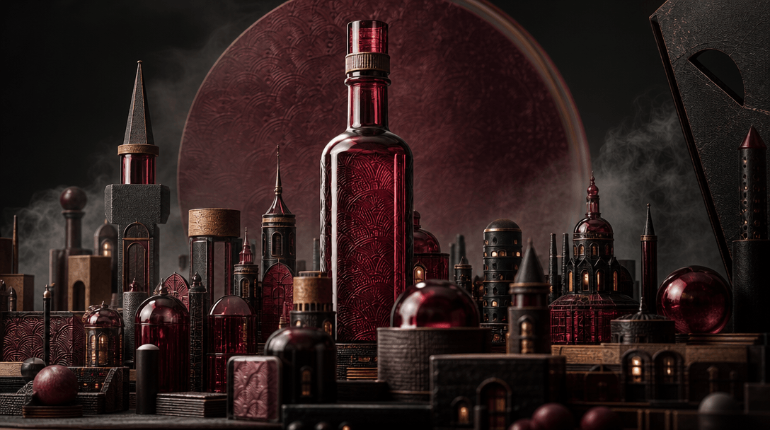 An atmospheric miniature city shaped by burgundy glass, embossed paper, dark metal, and cork textures, a central bottle-