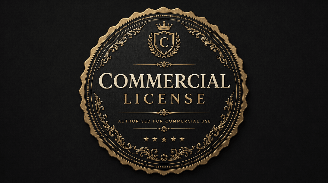 Elegant emblem or certificate seal design on dark background. Premium typography reading 'Commercial License' in cream a