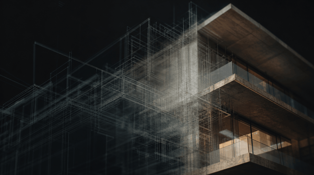 Abstract cinematic still — a ghostly double exposure of architectural wireframe geometry dissolving into real building p