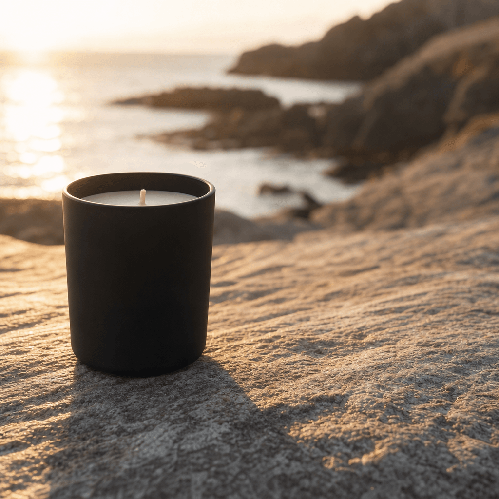Matte black candle jar on a broad weathered coastal stone, warm golden-hour sunlight, long soft directional shadow, prem