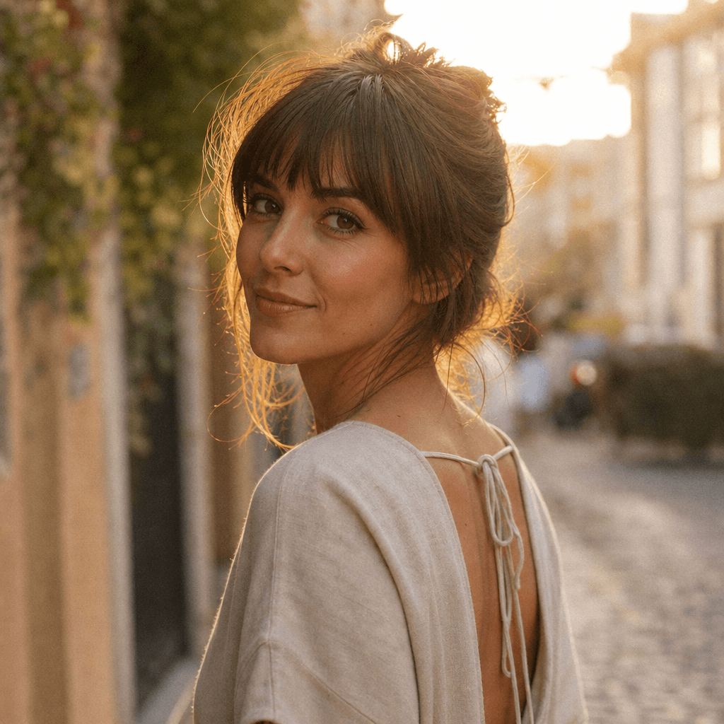 Outdoor lifestyle portrait with natural golden-hour backlight creating a warm luminous halo, soft urban bokeh background