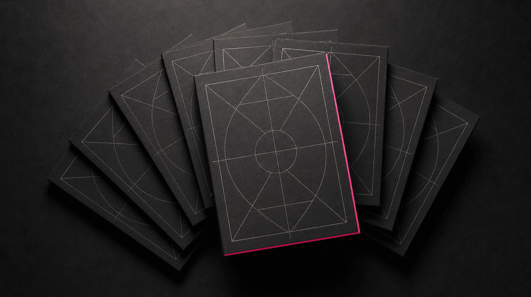 Minimal editorial composition: several identical dark rectangular cards fanned out on a matte black surface, each with s