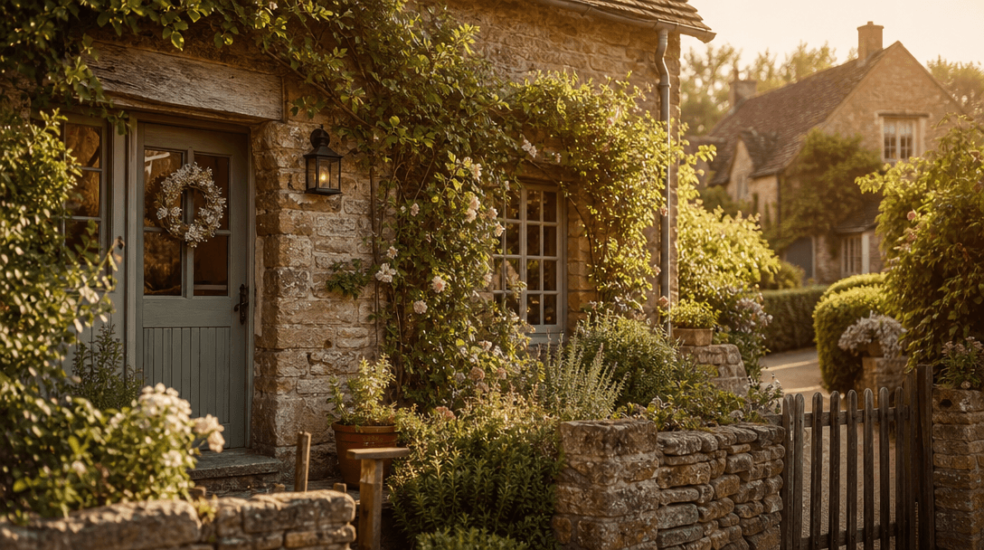 Cozy village cottage garden background with traditional rustic architecture, warm golden light through ivy-covered stone