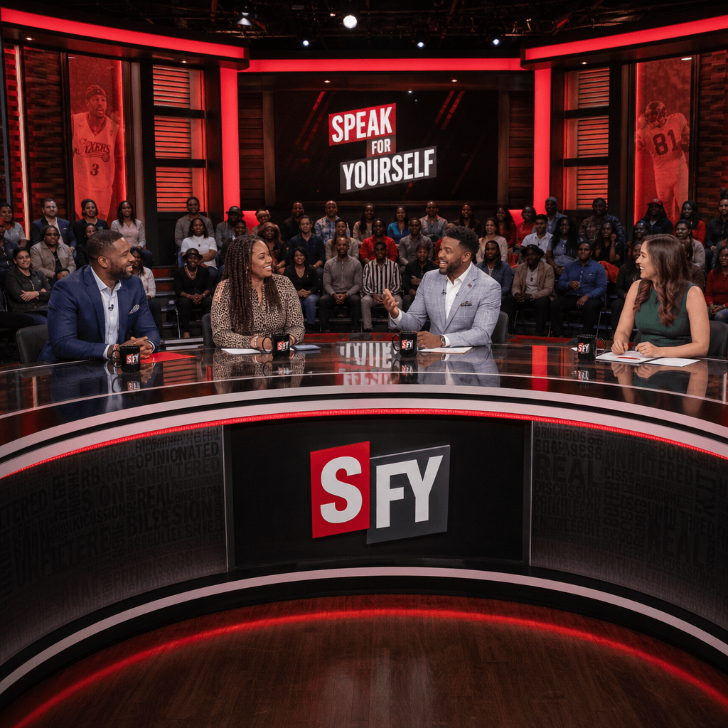 Wide studio set view with multiple hosts seated at conversation desk, audience visible in background, dramatic red accen