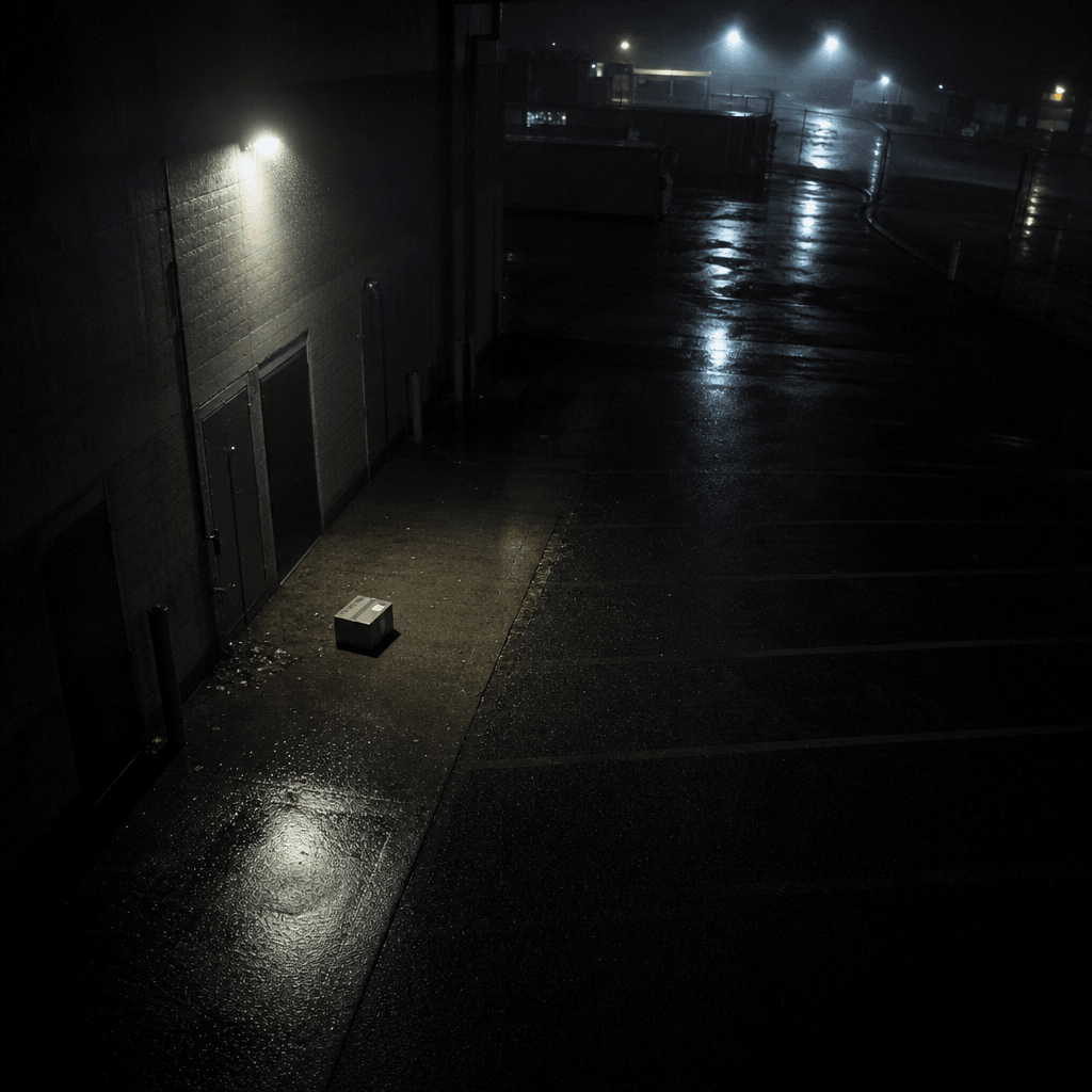 Fictional CCTV view of a rain-soaked parking lot at midnight, a sleek delivery box sitting alone beneath a flickering se