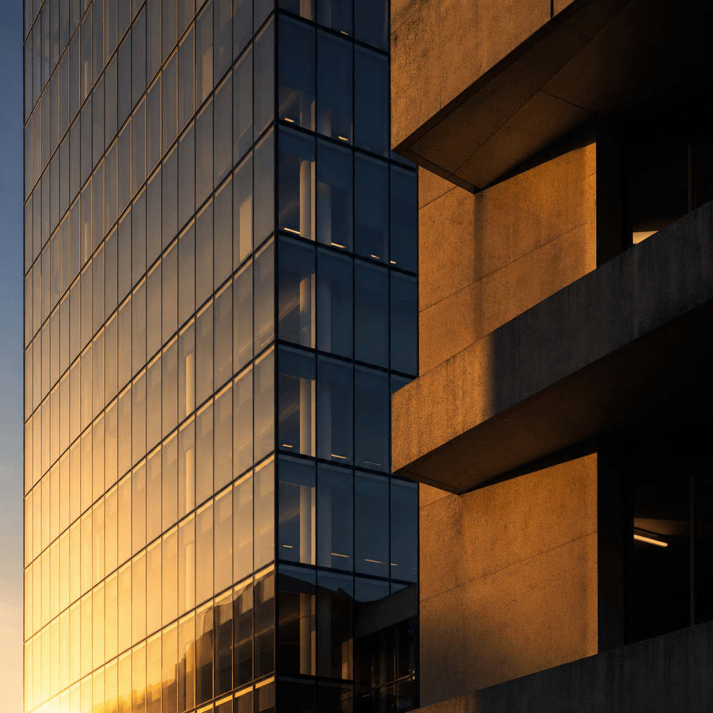 Glass curtain-wall commercial tower at golden hour, raking low-angle sunlight striking the facade, deep shadows cast acr