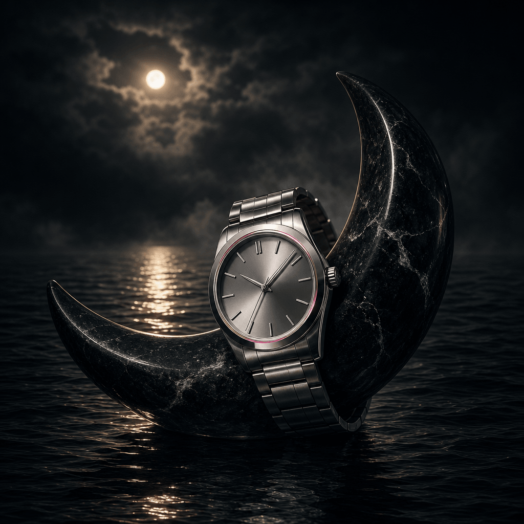 A silver wristwatch resting on a crescent-shaped polished stone above a silent black ocean, with delicate ripples reflec