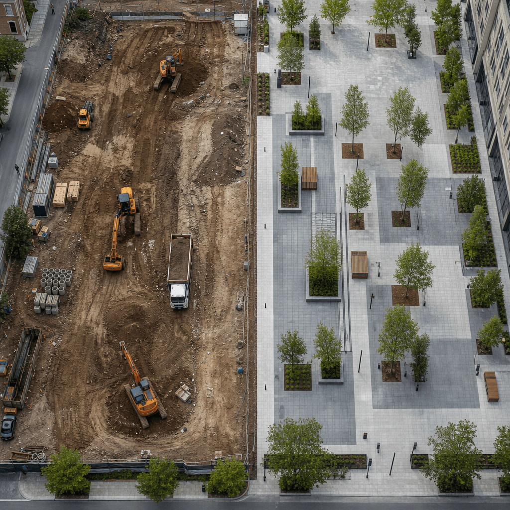 Landscape architecture transformation aerial view: muddy excavated earthworks and construction equipment visible on left